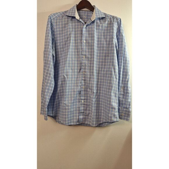 BUGATCHI UOMO Men Blue Plaid Flip Cuff Long Sleeve Button Front Shirt 16(34-35) - Picture 1 of 6